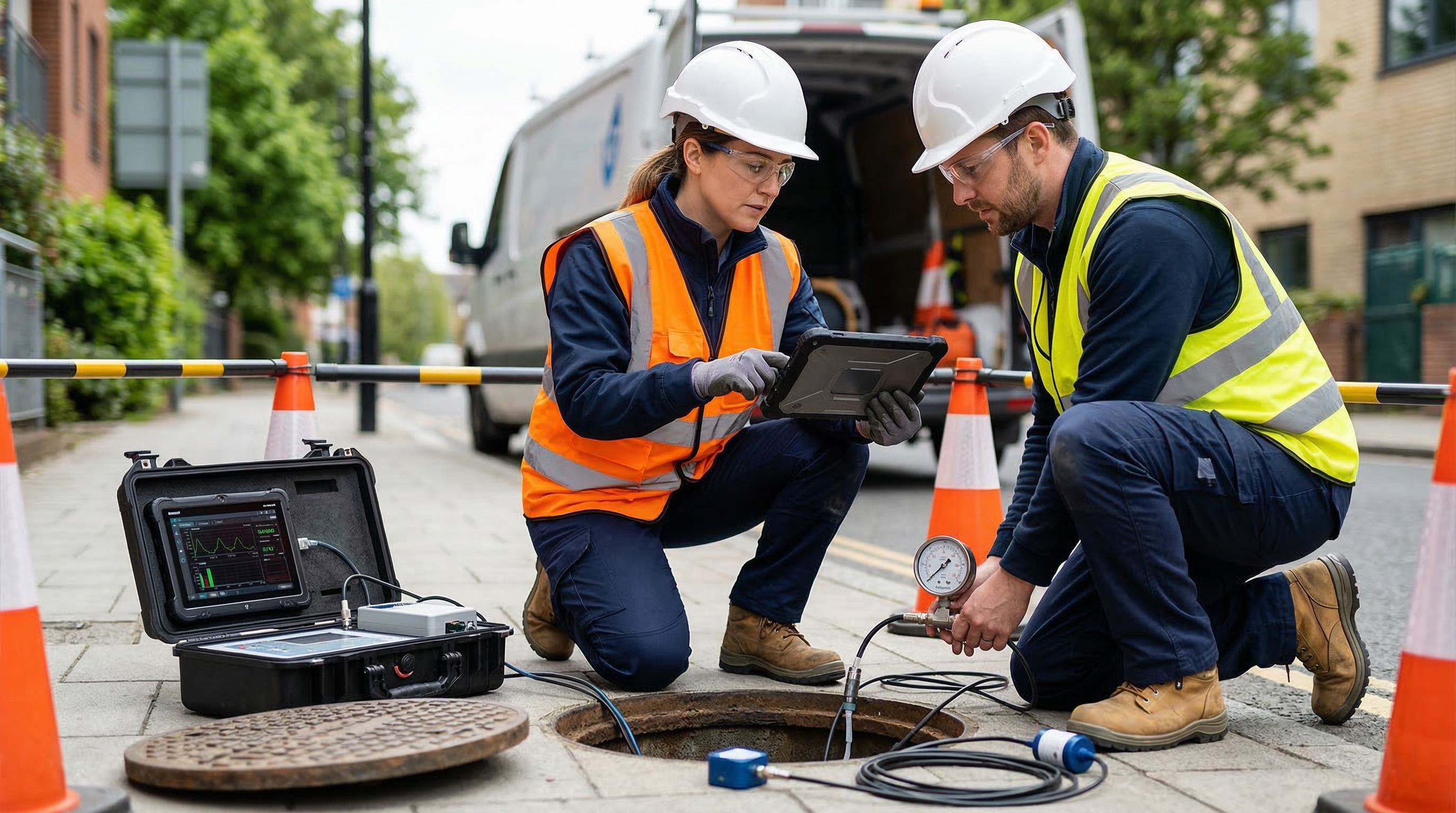Techniker bei der Dichtheitsprüfung mit Aquametrics Prüfsystem